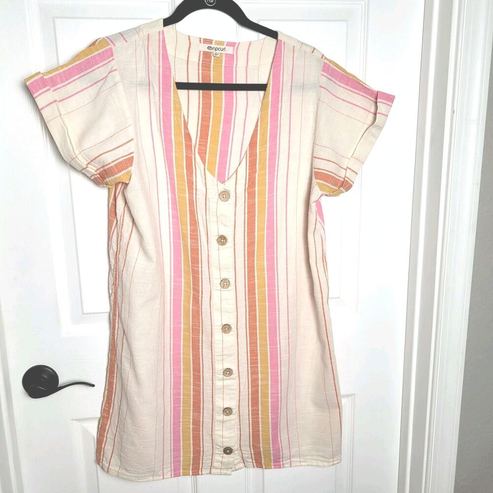 Rip Curl Dress Large Pink Orange Striped Button Front V Neck Beach Summer Y2K